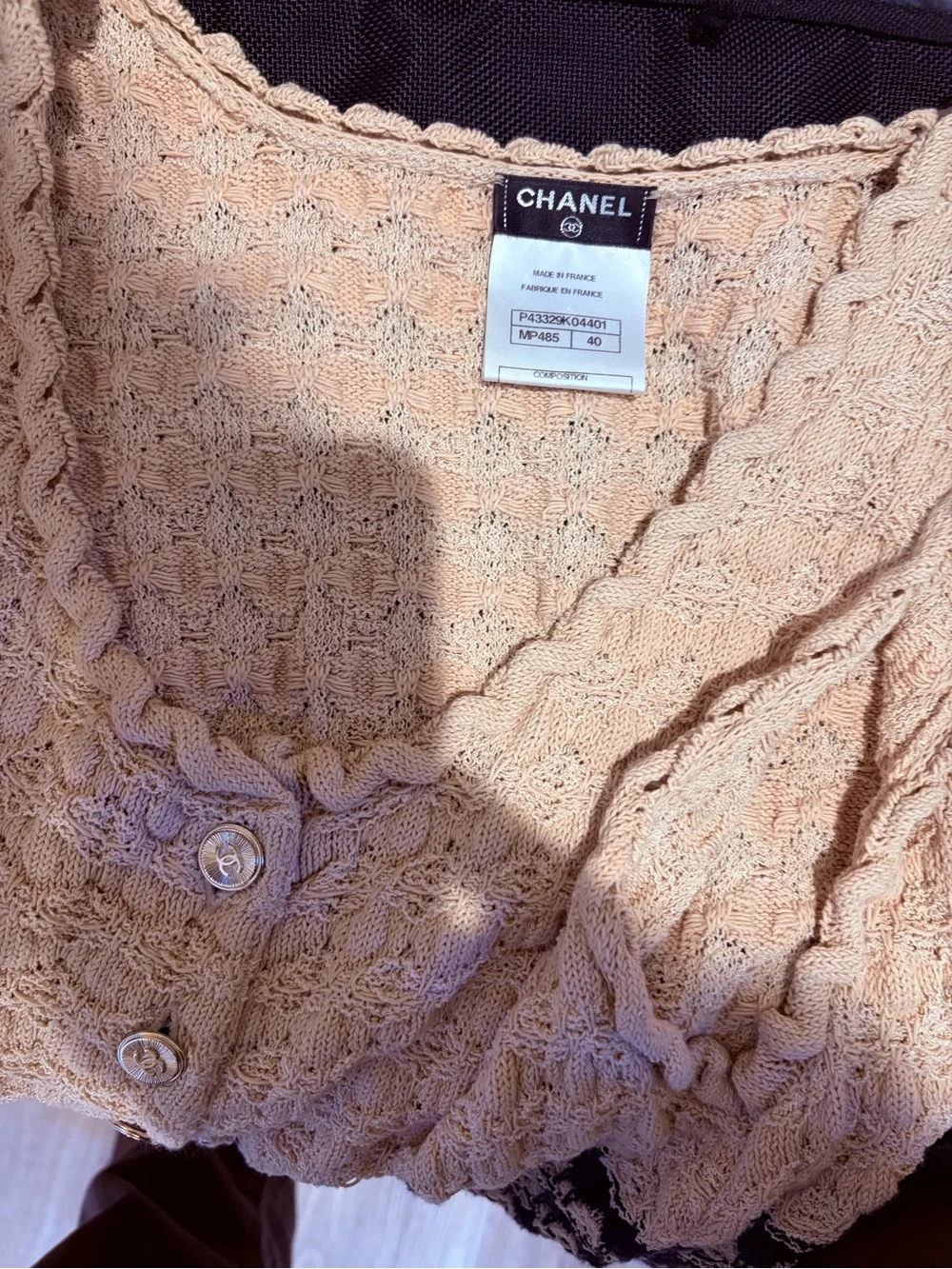 CHANEL Sleeveless Crochet Knit Midi Dress in Cream and Blue